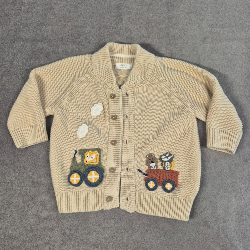 Next Baby Boy 6-9M Beige Knit Cardigan Tractor Fox Woodland Animals Sweater